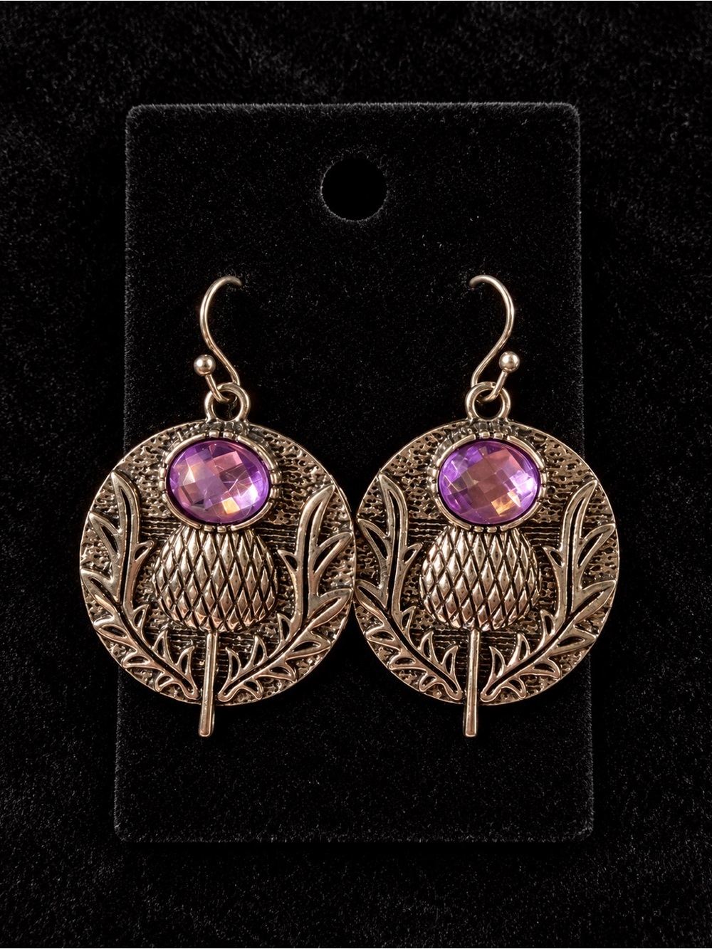 Silver Thistle Drop Earrings with Purple Stones